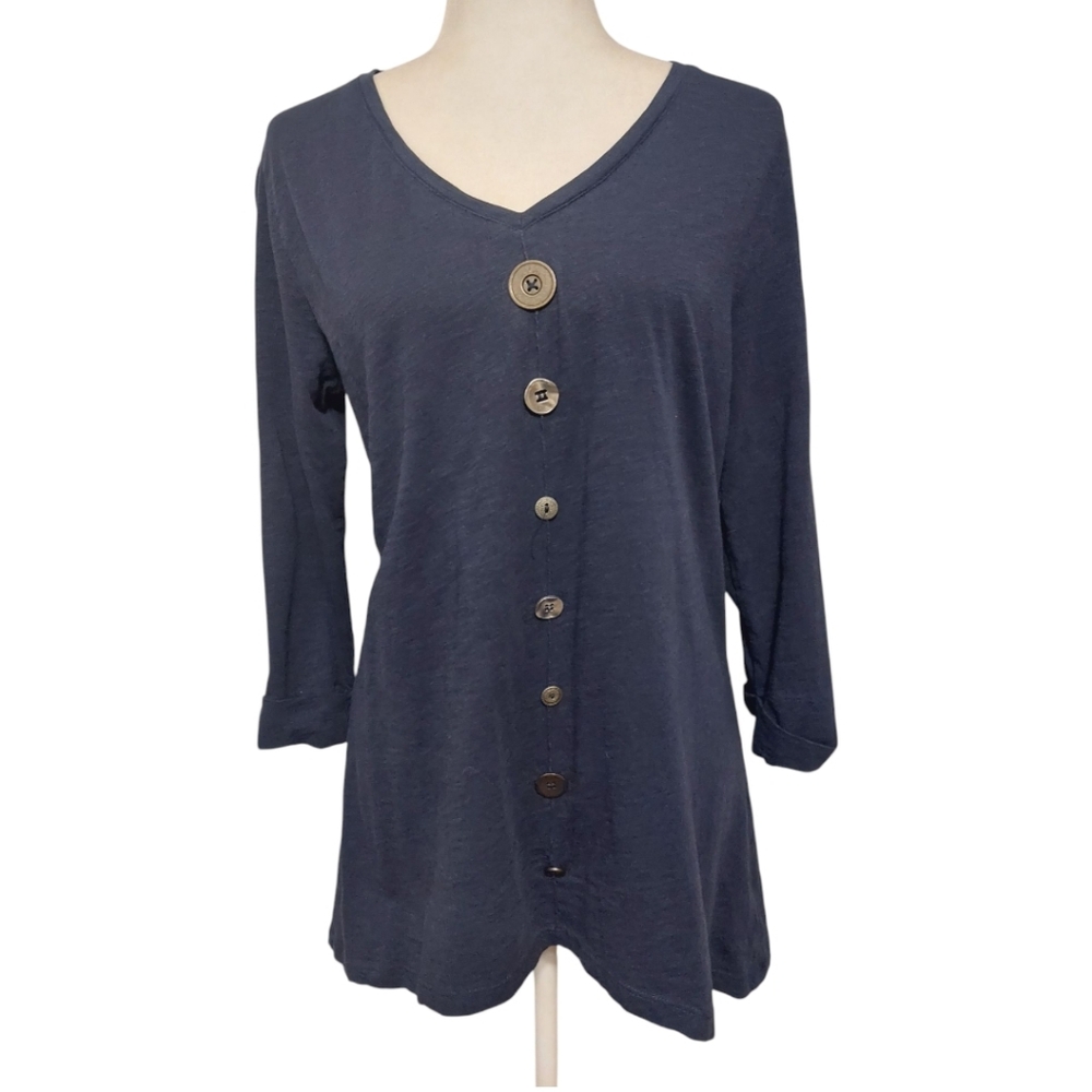 JM Collection Navy V-Neck Button Front Tunic - Picture 6 of 8